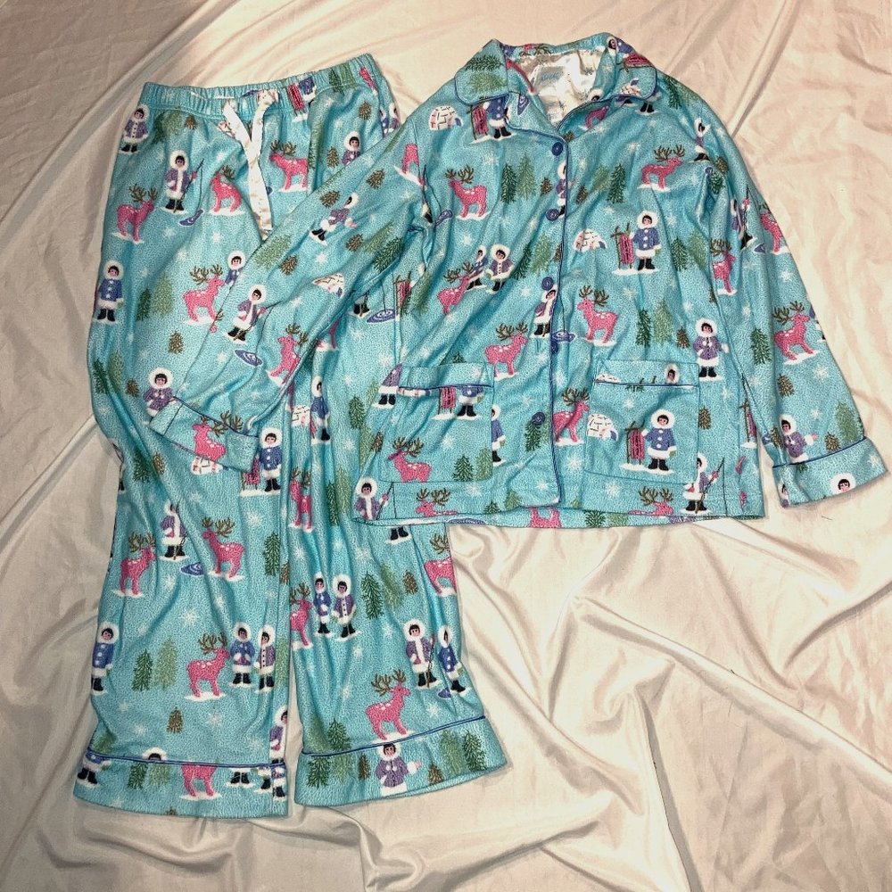 Nick & Nora 2 Piece Sleepwear Set Girls Teal Holiday Christmas Sz Large 10/12